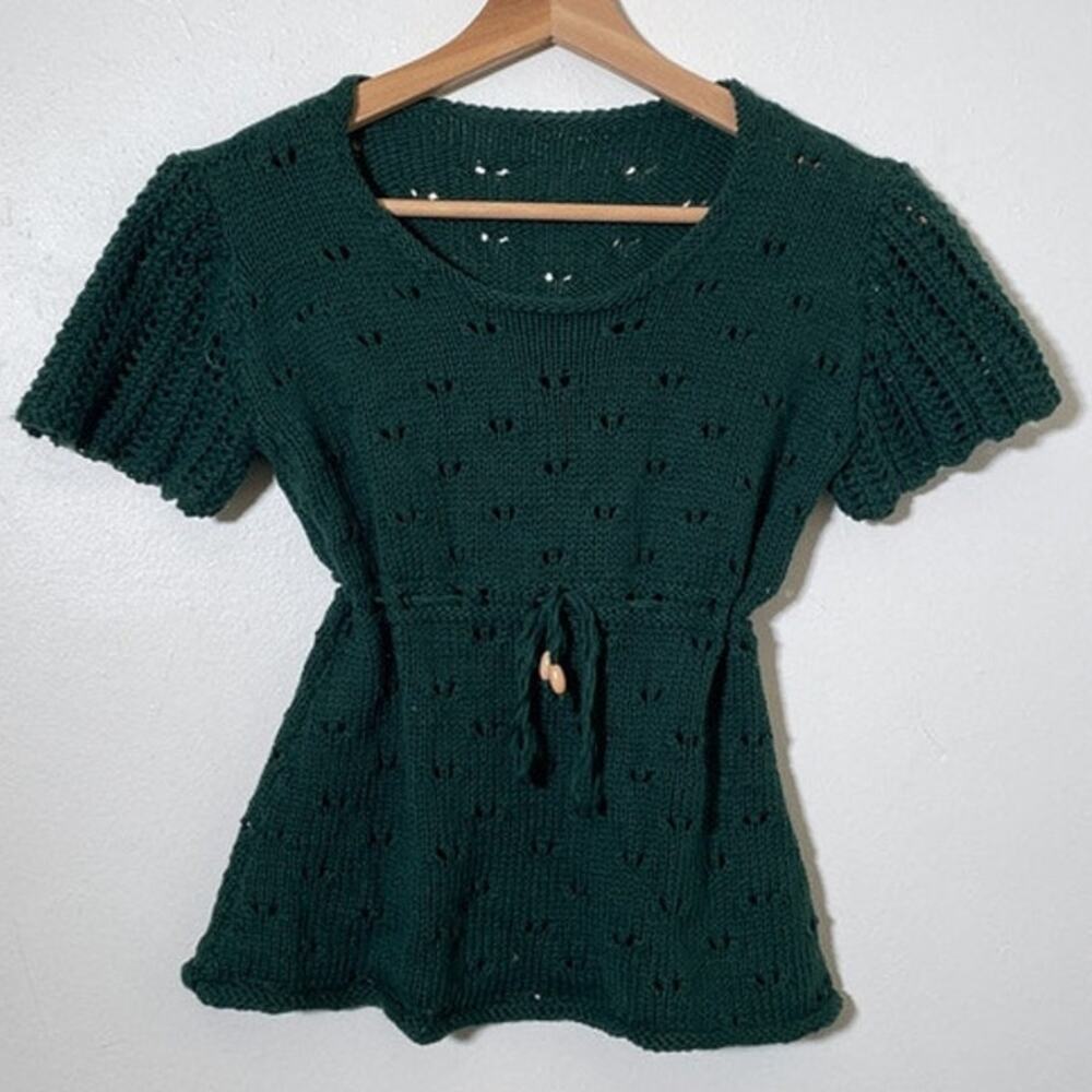Vintage 1970's Forest Green Crochet Knit Peplum Top / S/M / Fairy Retro Boho